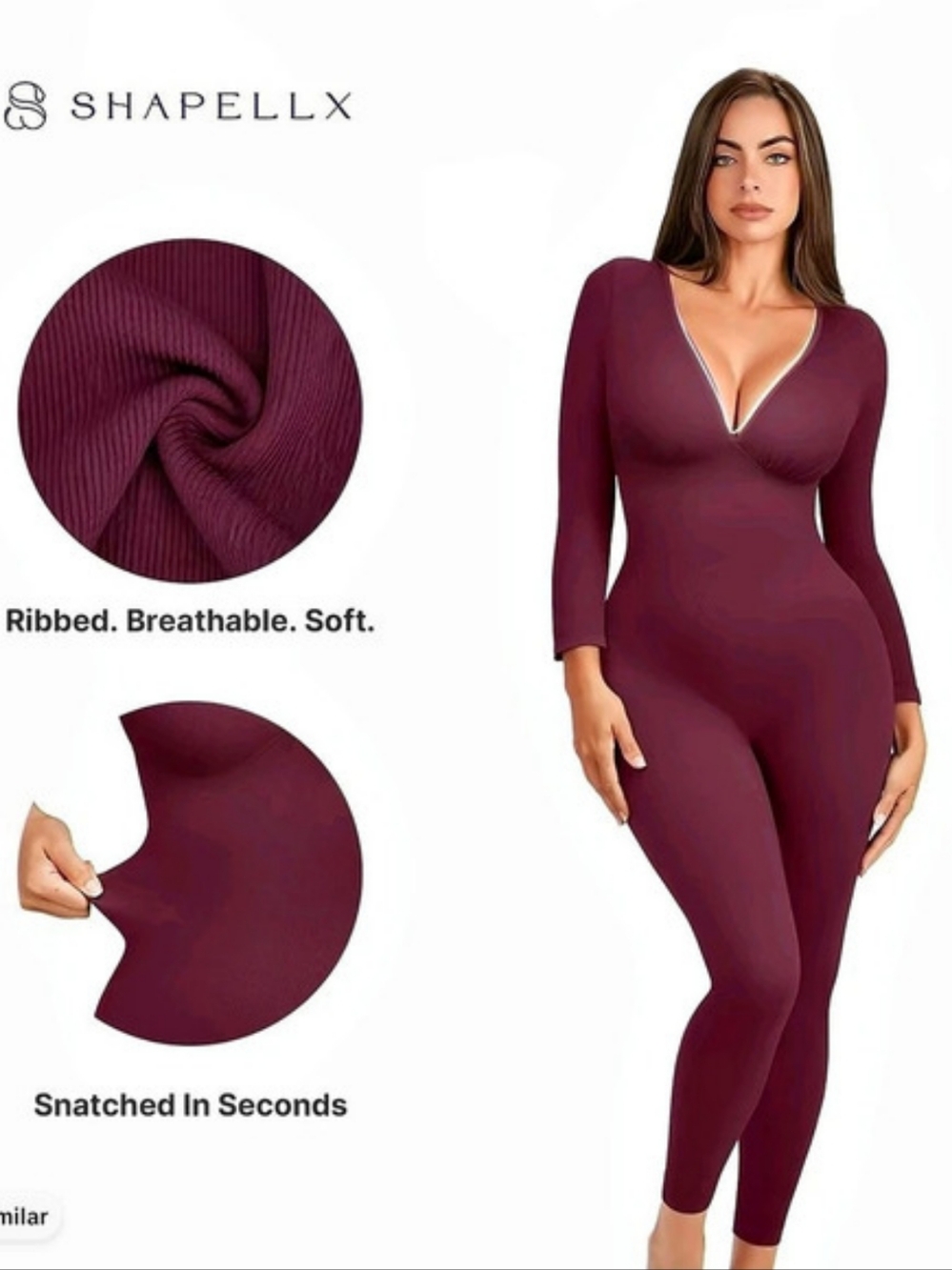 NEW IN PACKAGE SHAPELLX Ribbed Long Sleeve Shapewear Jumpsuit in Mulberry